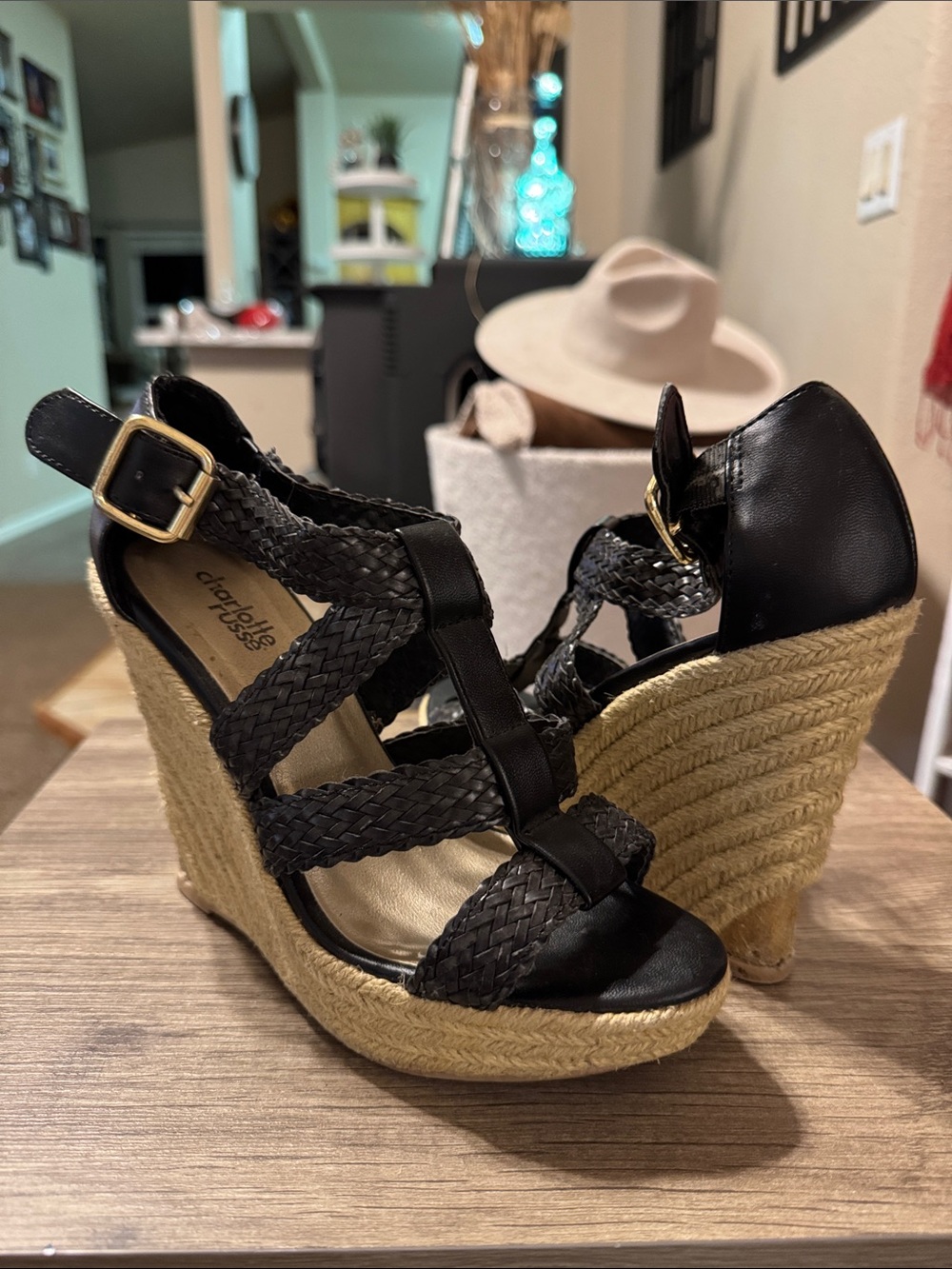 Black Braided Espadrille Wedge Sandals